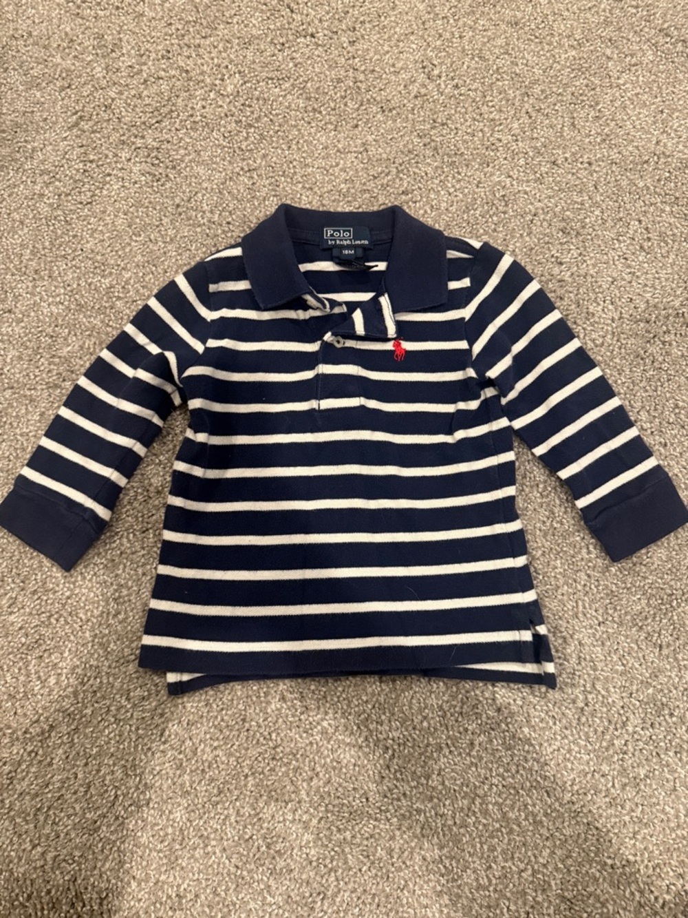 Navy and white striped 18M boys Polo Ralph Lauren long sleeve shirt.